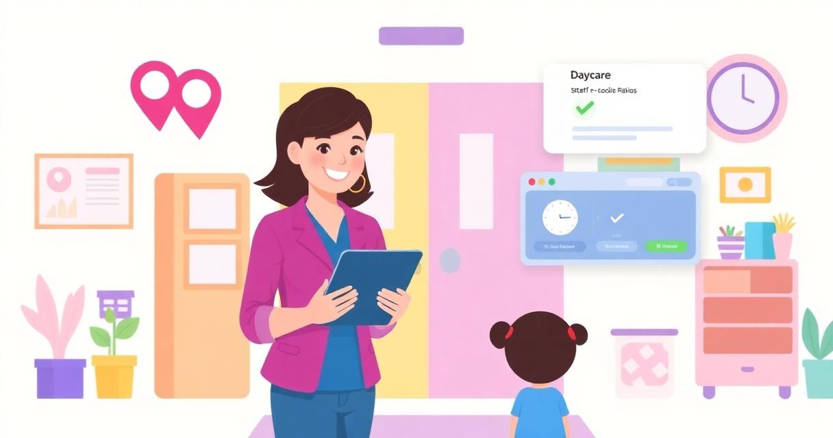 Daycare teacher using a tablet to check children in and view the classroom roster